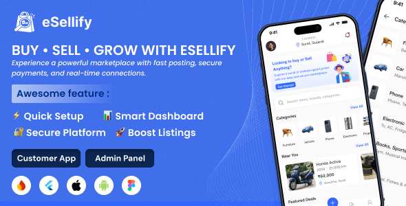 eSellify Rob & Sell Market Flutter App with Admin Panel | Labeled Advertisements App esteem OLX, Quikr