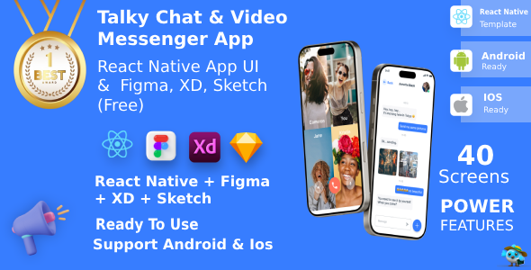 Chat & Video Messenger App ANDROID + IOS + FIGMA + XD + Sketch | UI Package | ReactNative | Talky