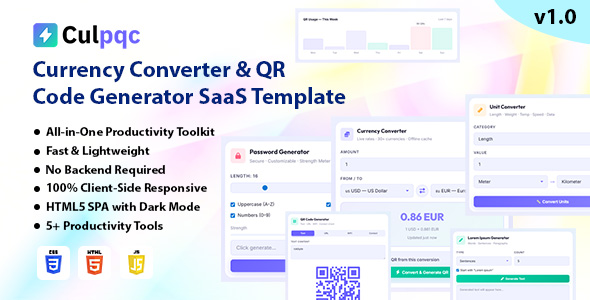Culpqc | Currency Converter & QR Code Generator SaaS HTML Template With 5+ Instruments