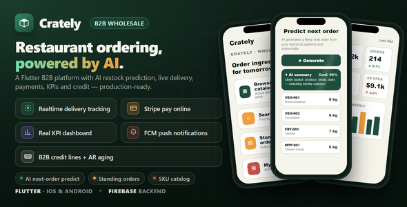 Crately | AI B2B Food Dealer Flutter App (Admin Panel + Customer & Driver, Next.js + Postgres)