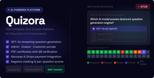 Quizora – AI Quiz & Examination SaaS Platform with Funds and Certificates