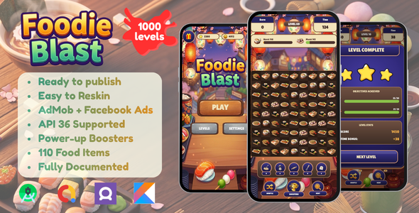 FoodieBlast – Match-3 Meals Puzzle Android Game with AdMob & Facebook Advertisements