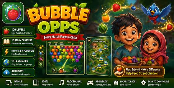 Bubble Opps | Fruit Match-3 Bubble Shooter HTML5 Game (100 Ranges + Story)