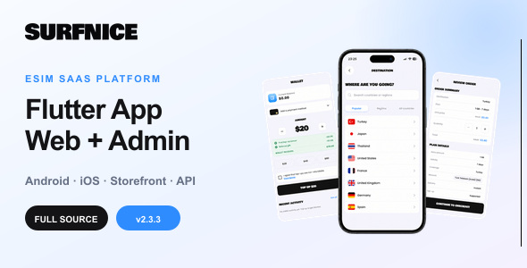 Surfnice | eSIM SaaS Flutter App With Web Storefront and Admin Panel