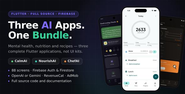 AI Health App Bundle — CalmAI + NourishAI + ChefAI | 3 Flutter Stout Apps