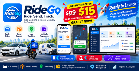 RideGo | Tear Hailing and Parcel Offer App with Laravel Admin Panel