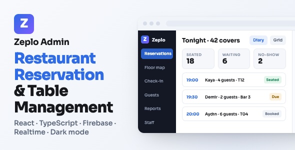 Zeplo Admin | Restaurant Reservation and Desk Booking Dashboard With React and Firebase