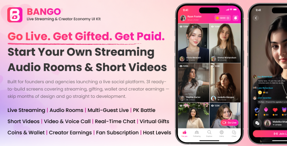 Bango | Stay Streaming, Audio Room and Short Video App UI Kit for Flutter
