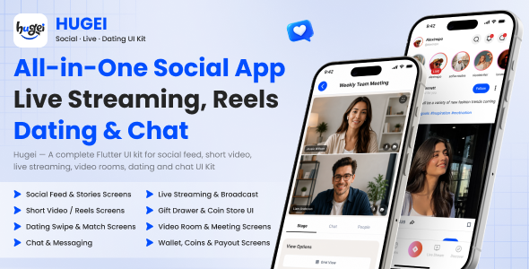 Hugei | Social, Are living Streaming, Quick Video & Dating App UI Kit – Flutter