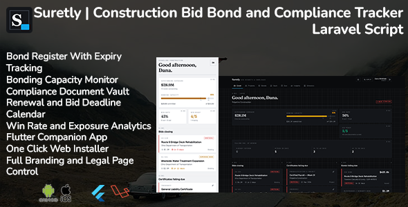 Suretly | Construction Recount Bond and Compliance Tracker Laravel Script With Flutter App