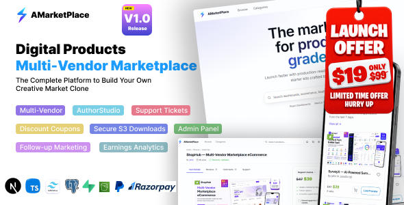 AMarketPlace – Multi-Vendor Digital Marketplace SaaS | Subsequent.js 16, React 19 and PostgreSQL