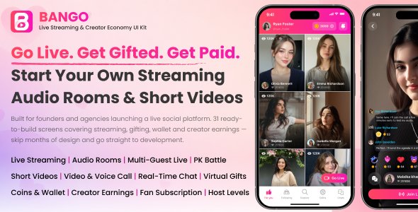 Bango | Stay Streaming, Audio Room and Short Video App UI Kit for Flutter
