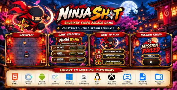 Ninja Shot | Shuriken Swipe Arcade Game – Create 3 HTML5 Reskin Template
