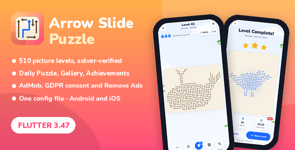 Arrow Sprint Puzzle – 510 Characterize Stages | Flutter Game with AdMob and IAP