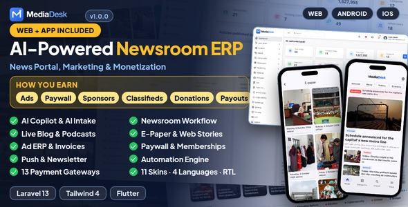 MediaDesk – AI News Portal, Newspaper CMS & Newsroom ERP with Flutter App